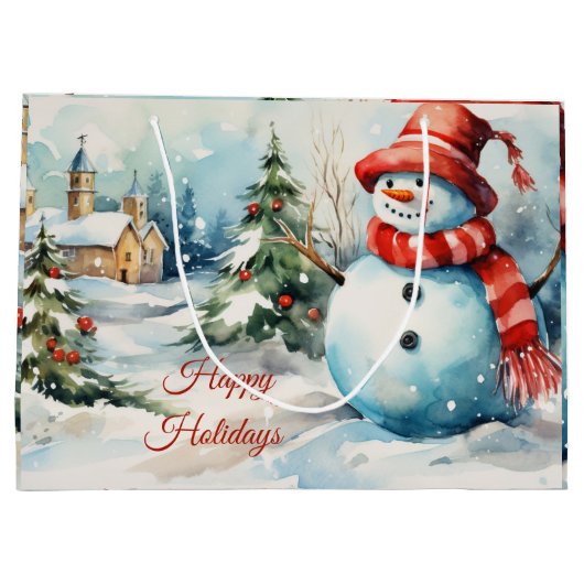 ヴィンテージクリスマス雪だるまイラストレーション ラージペーパーバッグ (裏面)