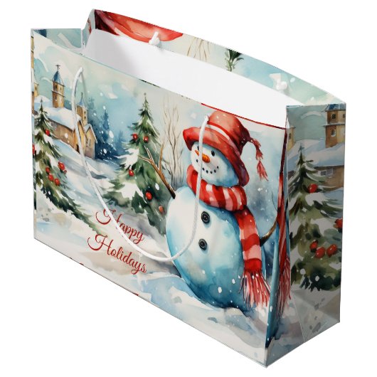 ヴィンテージクリスマス雪だるまイラストレーション ラージペーパーバッグ (裏面アングル)