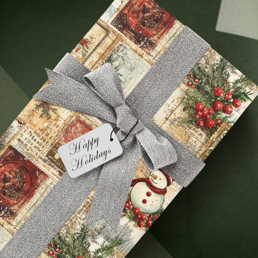 ヴィンテージクリスマス雪だるまエフェメラコラージュ ラッピングペーパー