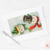 ヴィンテージクリスマス雪だるまカップル 長方形シール (封筒)