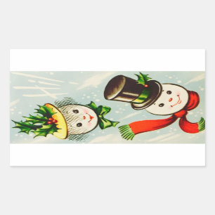 ヴィンテージクリスマス雪だるまカップル 長方形シール