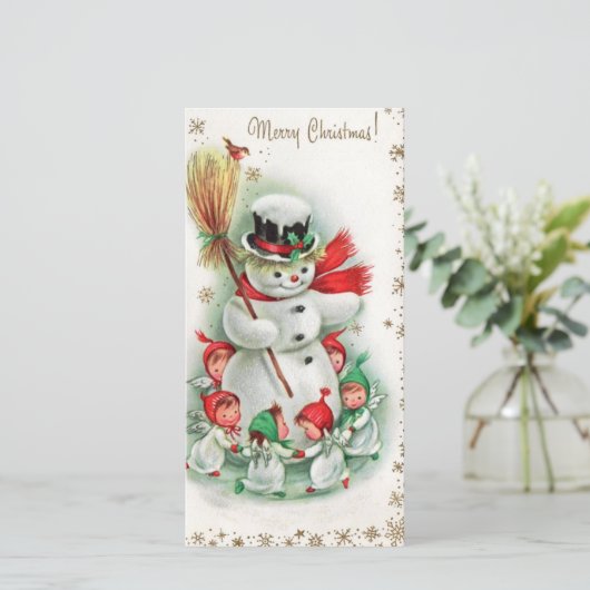 ヴィンテージクリスマス雪だるまダンスと天使 シーズンカード (スタンド正面)