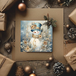 ヴィンテージクリスマス雪だるまブルー&金ゴールド シーズンカード