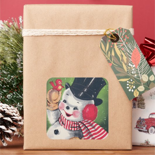 ヴィンテージクリスマス雪だるまホリデーレトロステッカー スクエアシール (クリスマス)