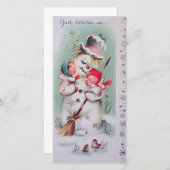 ヴィンテージクリスマス雪だるまホールディングエンジェル シーズンカード (正面/裏面)
