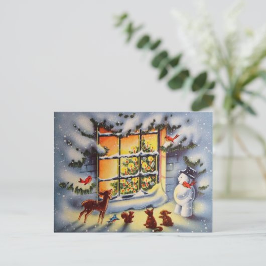 ヴィンテージクリスマス雪だるま動物の休日はがき シーズンポストカード (スタンド正面)