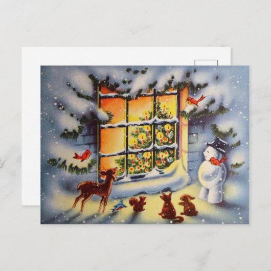 ヴィンテージクリスマス雪だるま動物の休日はがき シーズンポストカード (正面/裏面)