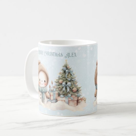 ヴィンテージクリスマス雪だるま名文字ブルースノーマイマグ コーヒーマグカップ (正面左)