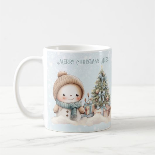 ヴィンテージクリスマス雪だるま名文字ブルースノーマイマグ コーヒーマグカップ (左)