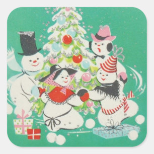 ヴィンテージクリスマス雪だるま踊りのまわりにツリー スクエアシール