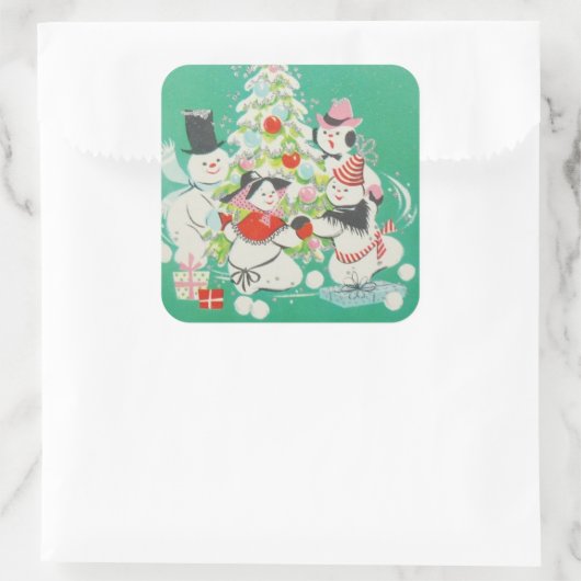 ヴィンテージクリスマス雪だるま踊りのまわりにツリー スクエアシール (バッグ)