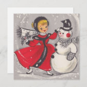ヴィンテージクリスマス雪だるま踊りウィズガール シーズンカード (正面/裏面)