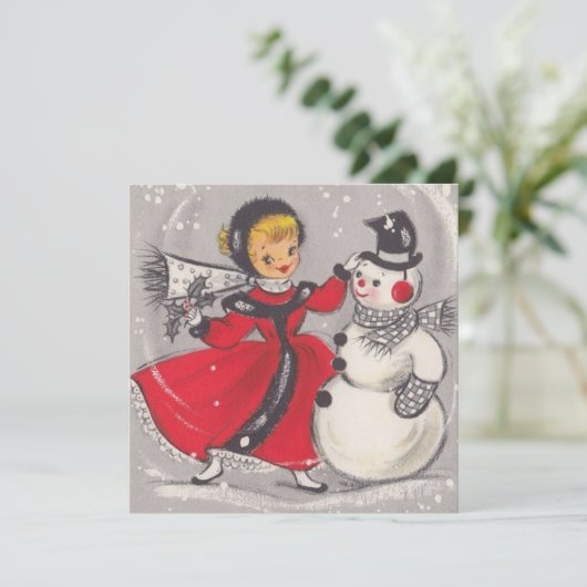 ヴィンテージクリスマス雪だるま踊りウィズガール シーズンカード (スタンド正面)