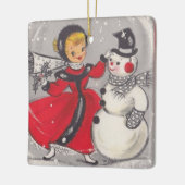 ヴィンテージクリスマス雪だるま踊りウィズガール セラミックオーナメント (左)