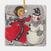 ヴィンテージクリスマス雪だるま踊りウィズガール セラミックオーナメント (正面)
