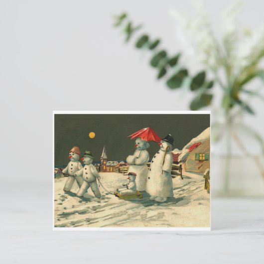 ヴィンテージクリスマス雪だるま雪だるまファミリースレッジ シーズンポストカード (スタンド正面)