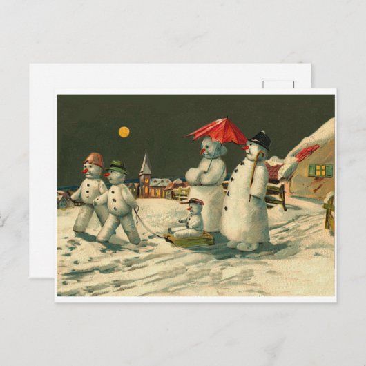 ヴィンテージクリスマス雪だるま雪だるまファミリースレッジ シーズンポストカード (正面/裏面)