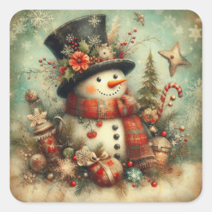 ヴィンテージクリスマス雪だるま スクエアシール