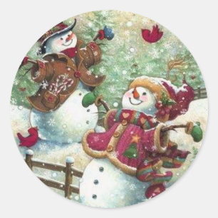 ヴィンテージクリスマス雪だるま ラウンドシール
