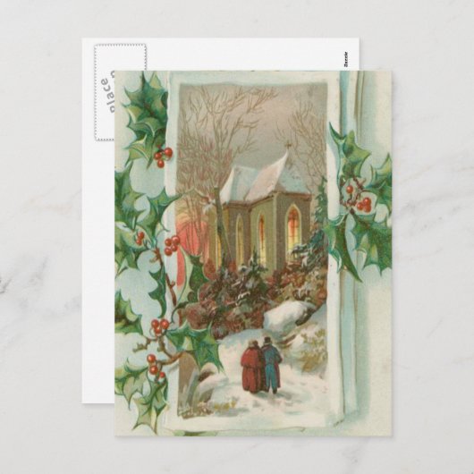 ヴィンテージクリスマス雪の教会 シーズンポストカード (正面/裏面)