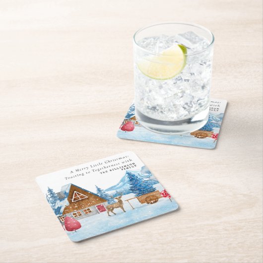 ヴィンテージクリスマス雪の町のエルクパーソナライズされた スクエアペーパーコースター (インサイチュ)