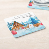 ヴィンテージクリスマス雪の町のエルクパーソナライズされた スクエアペーパーコースター (アングル)