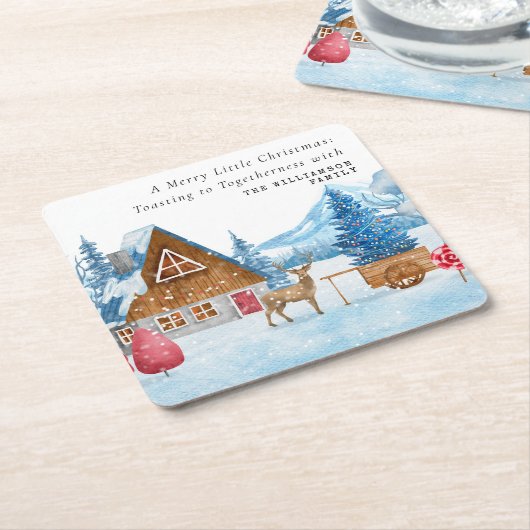 ヴィンテージクリスマス雪の町のエルクパーソナライズされた スクエアペーパーコースター (アングル)