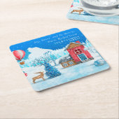 ヴィンテージクリスマス雪の町のエルクパーソナライズされた スクエアペーパーコースター (アングル)