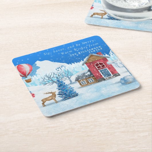 ヴィンテージクリスマス雪の町のエルクパーソナライズされた スクエアペーパーコースター (アングル)
