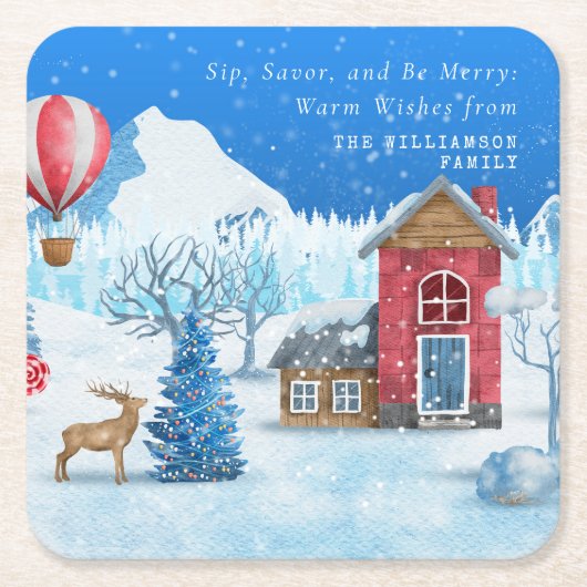 ヴィンテージクリスマス雪の町のエルクパーソナライズされた スクエアペーパーコースター (正面)