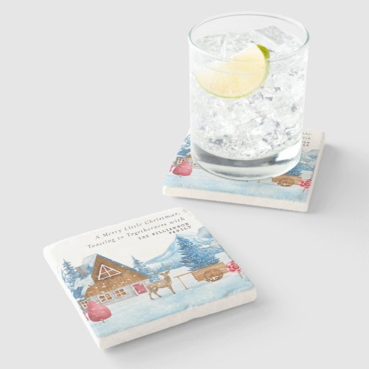 ヴィンテージクリスマス雪の町のエルクパーソナライズされた ストーンコースター (横)