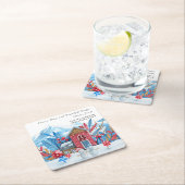 ヴィンテージクリスマス雪の町の雪だるま パーソナライズされた スクエアペーパーコースター (インサイチュ)