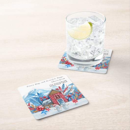 ヴィンテージクリスマス雪の町の雪だるま パーソナライズされた スクエアペーパーコースター (インサイチュ)