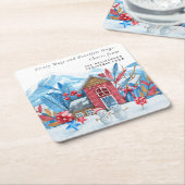 ヴィンテージクリスマス雪の町の雪だるま パーソナライズされた スクエアペーパーコースター (アングル)