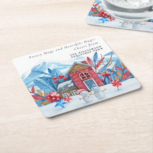 ヴィンテージクリスマス雪の町の雪だるま パーソナライズされた スクエアペーパーコースター (アングル)