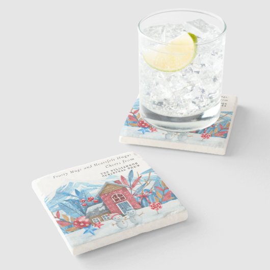 ヴィンテージクリスマス雪の町の雪だるま パーソナライズされた ストーンコースター (横)