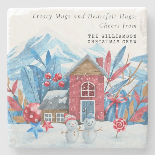 ヴィンテージクリスマス雪の町の雪だるま パーソナライズされた ストーンコースター (正面)