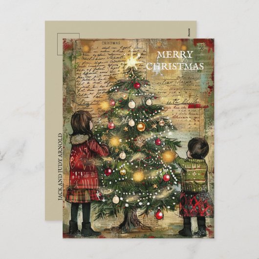 ヴィンテージクリスマス飾の子どもたちの木 シーズンポストカード (正面/裏面)