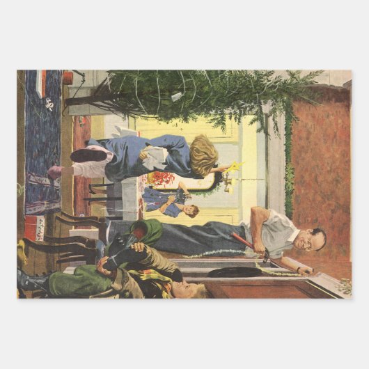 ヴィンテージクリスマス飾、家族の家 ラッピングペーパーシート (正面3)