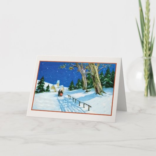 ヴィンテージクリスマス高齢者カップル雪の教会 シーズンカード (正面)