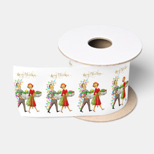 ヴィンテージクリスマス1950年代カップルのメリークリスマス サテンリボン