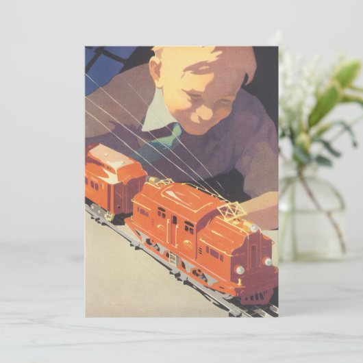 ヴィンテージクリスマス、おもちゃ付き男の子トレインズ招待状 招待状 (スタンド正面)