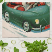 ヴィンテージクリスマス、かわいい車でサンタクロース キッチンタオル (折り畳み)