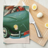 ヴィンテージクリスマス、かわいい車でサンタクロース キッチンタオル (四つ折り)