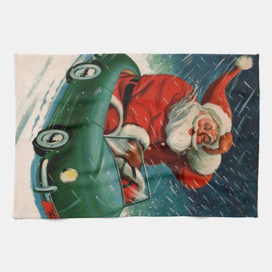 ヴィンテージクリスマス、かわいい車でサンタクロース キッチンタオル (横)