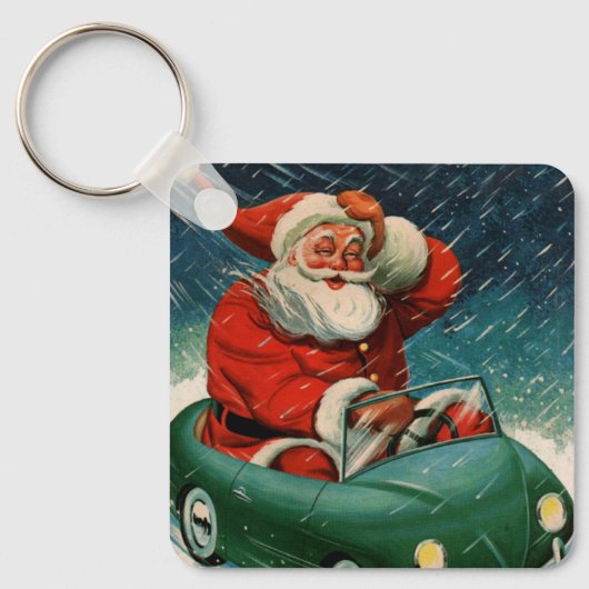 ヴィンテージクリスマス、かわいい車でサンタクロース キーホルダー (正面)