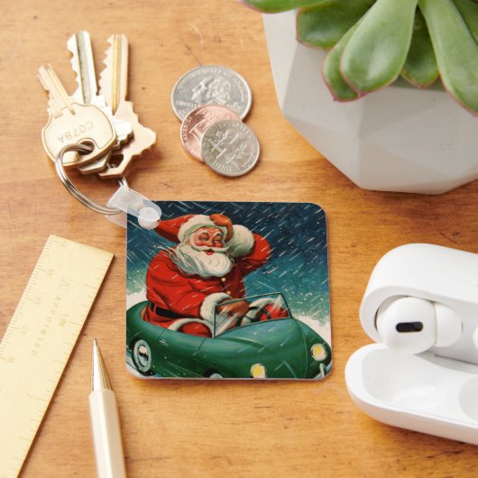 ヴィンテージクリスマス、かわいい車でサンタクロース キーホルダー (デスク)