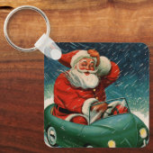 ヴィンテージクリスマス、かわいい車でサンタクロース キーホルダー (正面)