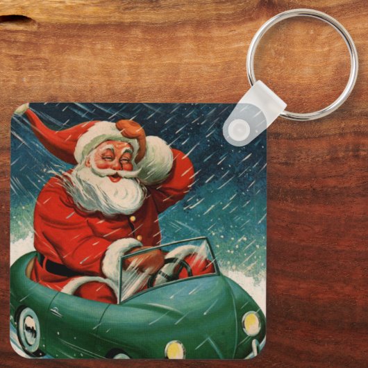 ヴィンテージクリスマス、かわいい車でサンタクロース キーホルダー (裏面)