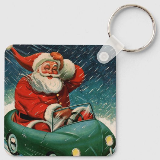 ヴィンテージクリスマス、かわいい車でサンタクロース キーホルダー (裏面)